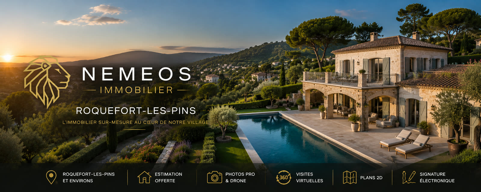 NEMEOS Immobilier à Roquefort-les-Pins : estimation offerte, photos professionnelles et drone, visites virtuelles 360, plans 2D, signature électronique