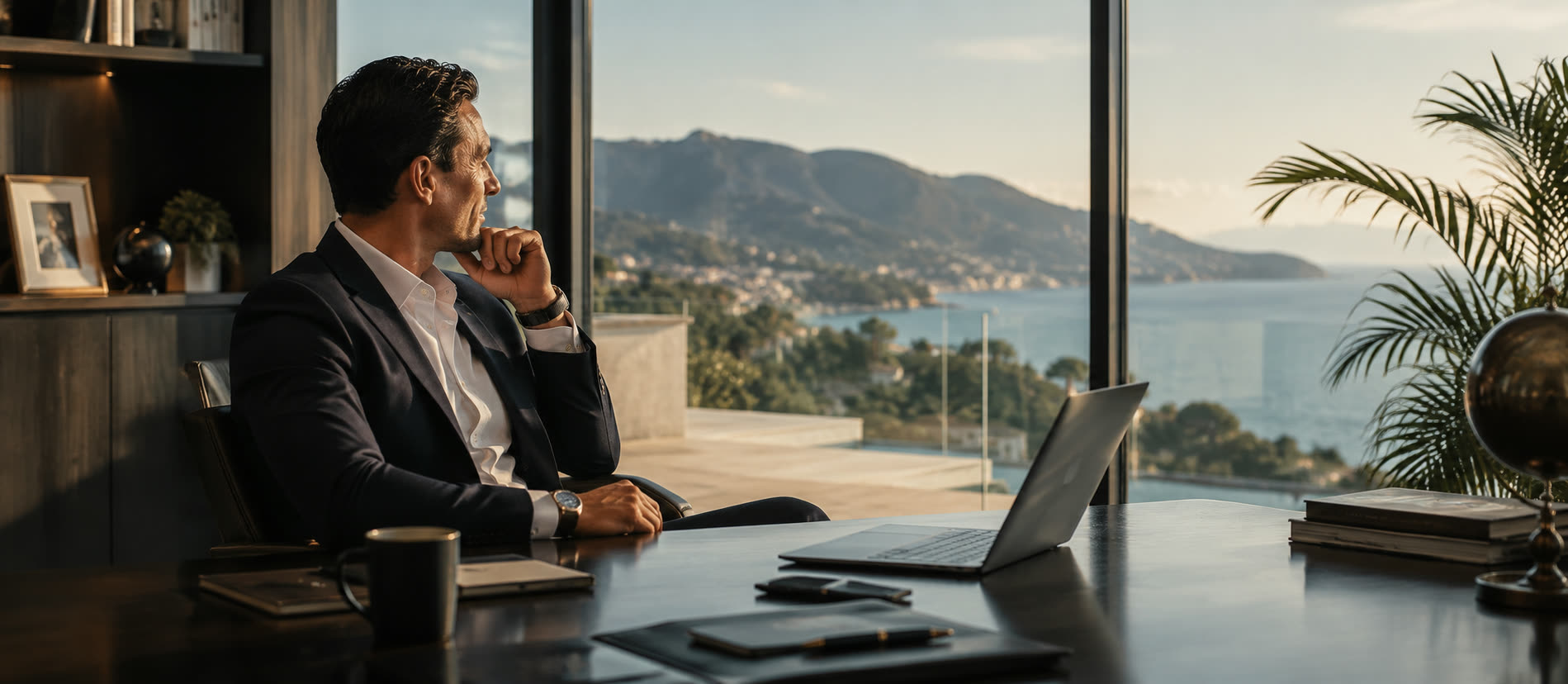 Dirigeant NEMEOS dans son bureau avec vue sur la Côte d'Azur