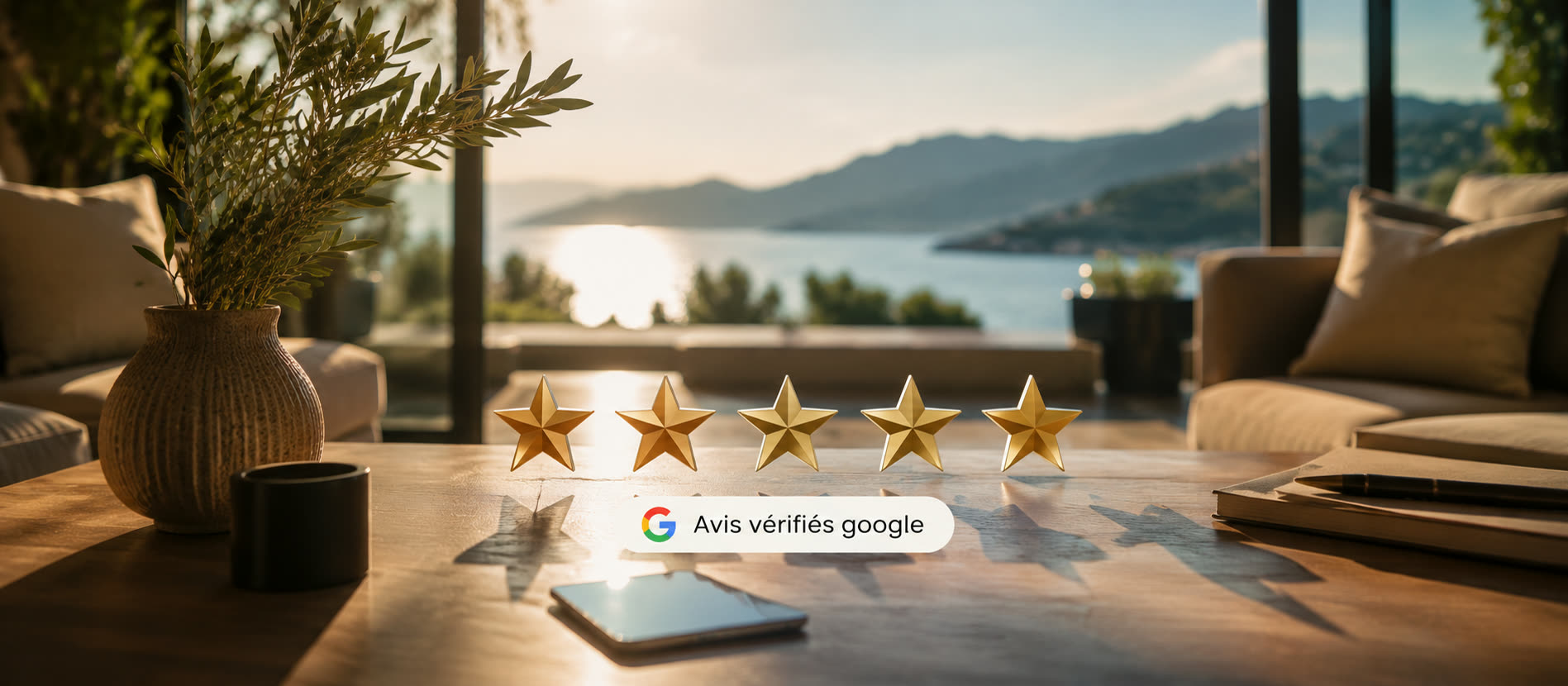 Cinq étoiles dorées et badge Avis vérifiés Google sur une table avec vue mer Côte d'Azur