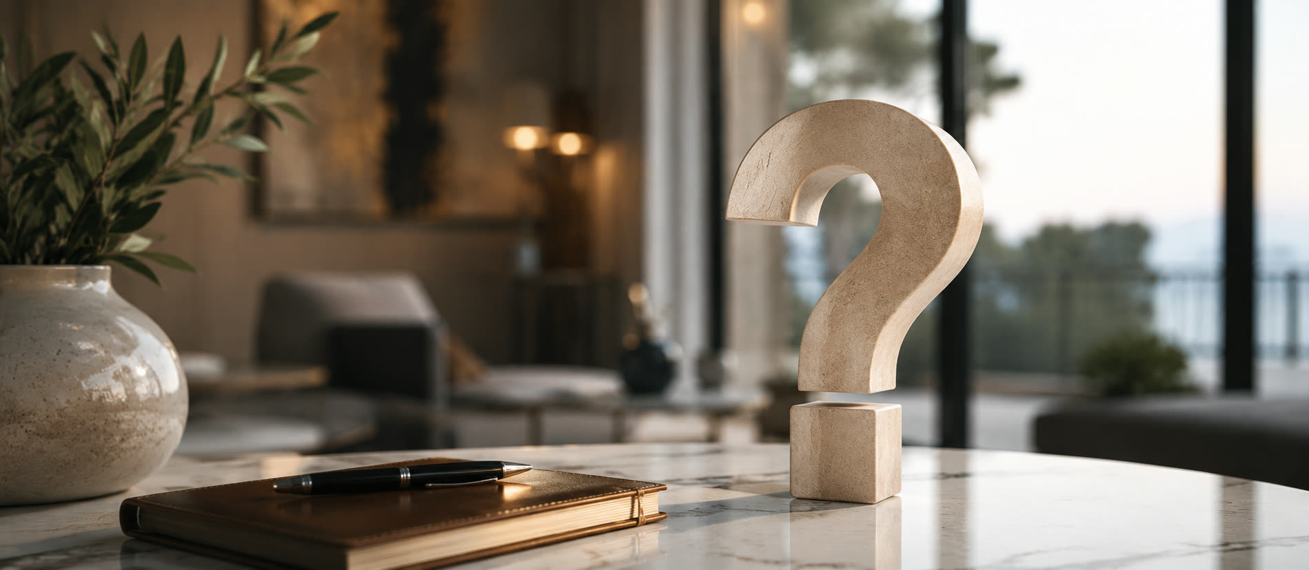 Point d'interrogation en pierre sur une table en marbre, intérieur élégant Côte d'Azur