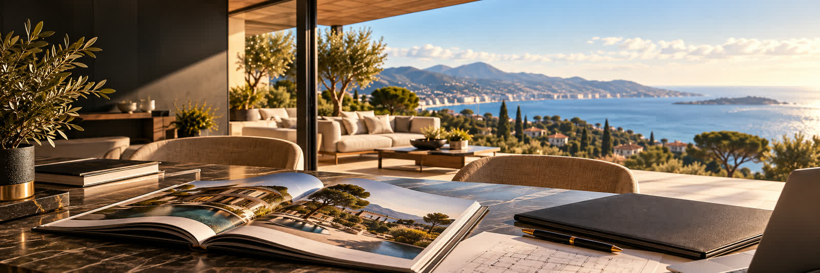 Bureau de NEMEOS Immobilier ouvert sur une terrasse au coucher du soleil, vue sur la mer et les collines de la Côte d'Azur, catalogue de biens et plans posés sur une table en marbre
