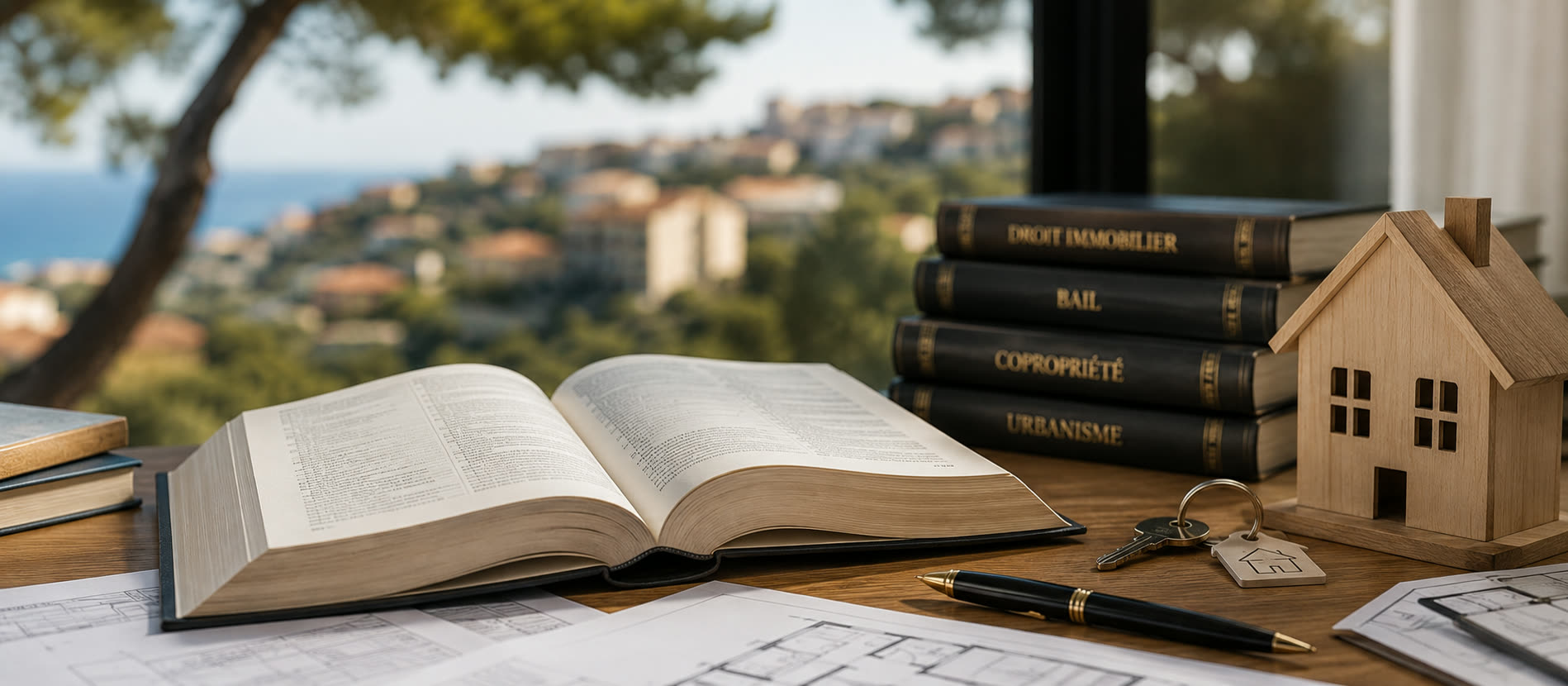 Ouvrages de droit immobilier sur un bureau avec vue sur la Côte d'Azur