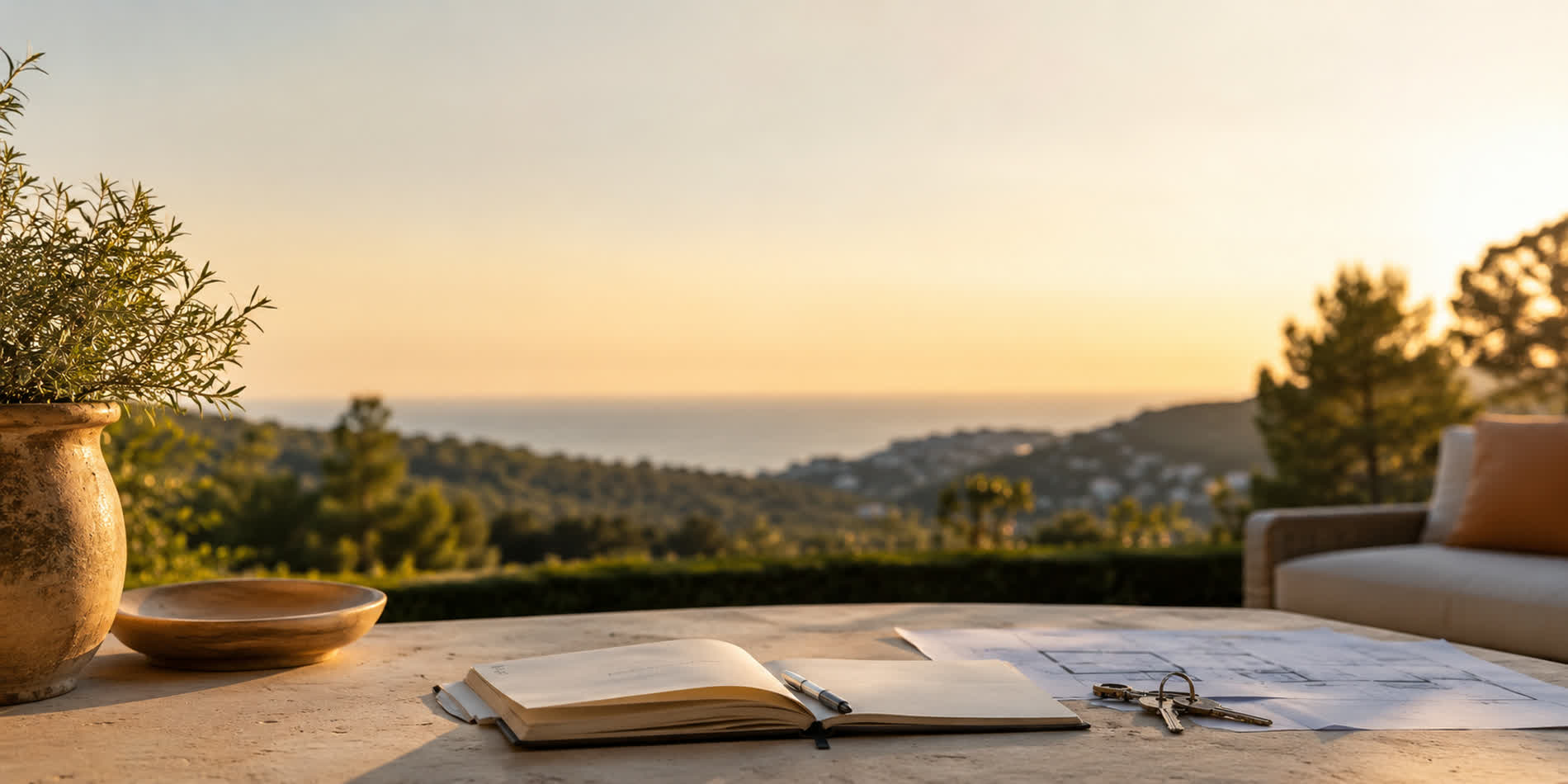Terrasse d une villa de l arriere-pays azureen au coucher du soleil, carnet ouvert, cles et plan de maison poses sur la table