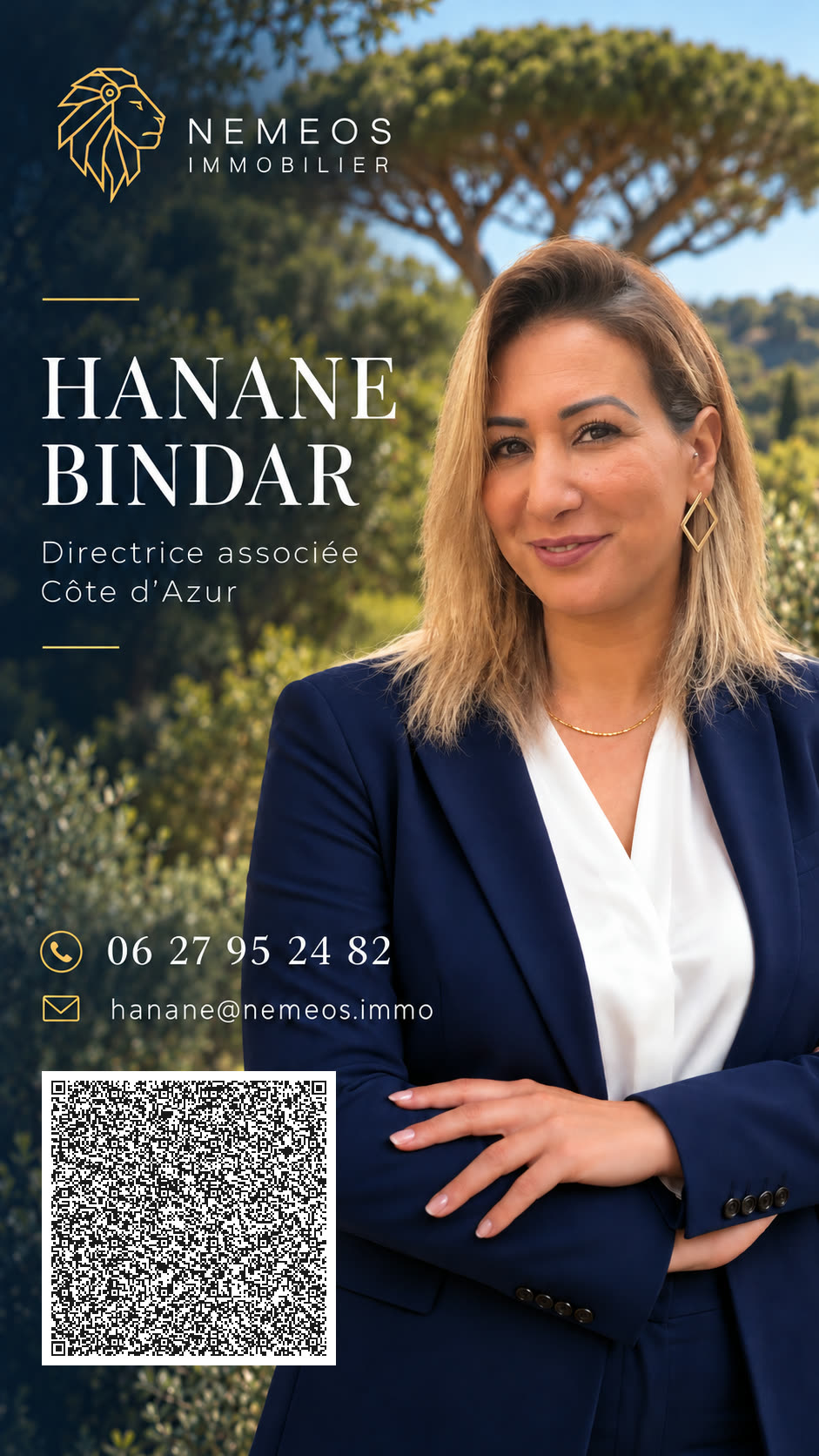 Carte de contact de Hanane BINDAR, directrice associée de NEMEOS IMMOBILIER, avec son QR code